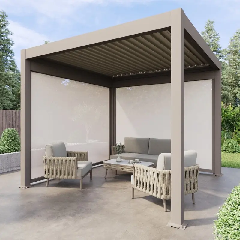 3X3M Heavy-Duty Aluminum Louvered Pergola With Beige Textilene Side Panels 1