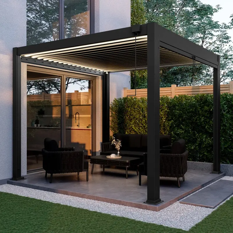 3X3M Led-Enhanced Aluminum Louvered Pergola With Charcoal Finish & Textilene Sides 1