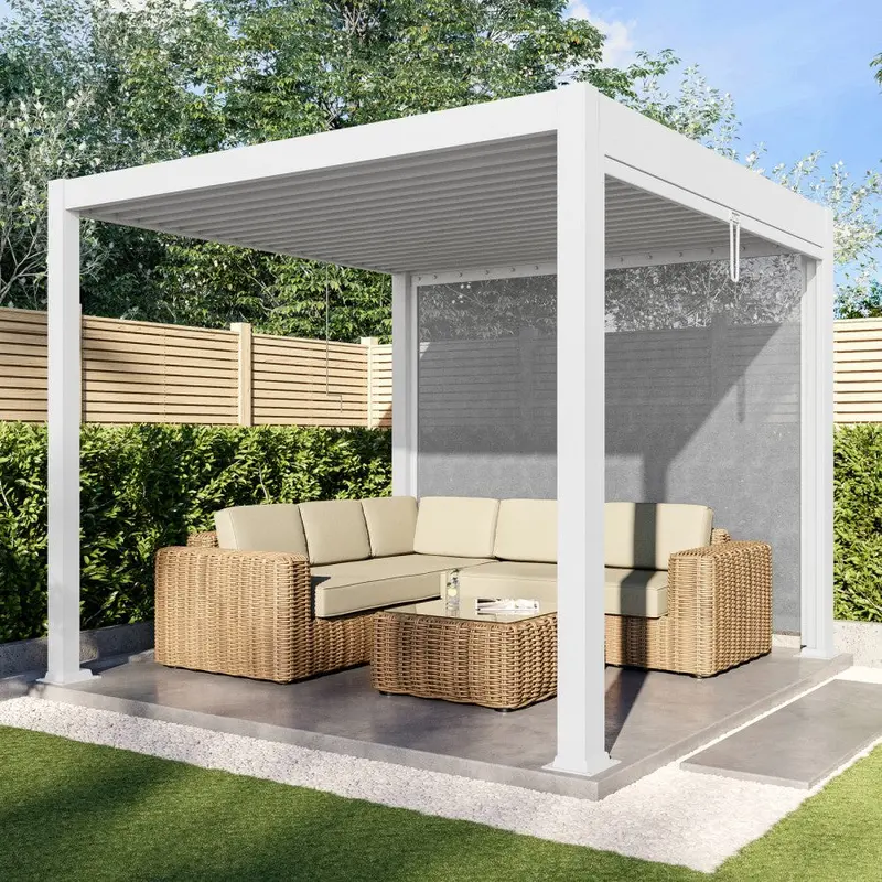 3X3M Premium Aluminum Louvered Pergola With White Textilene Side Panels 1