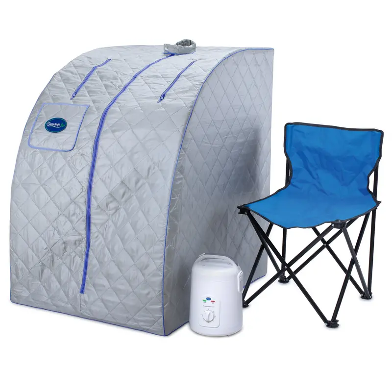 Durasage Light Gray Steam Sauna Tent With Blue Trim & Chair 1