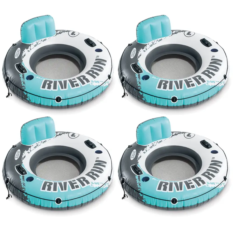 Intex River Run 1 Inflatable Floating Lounge With Backrest – 4-Pack, 220 Lb Capacity, Built-In Cup Holders & Grab Features 1
