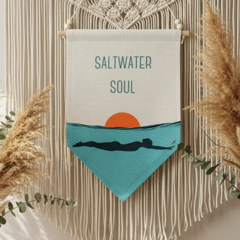Saltwater Soul Linen Hanging Flag – Nautical Swimmer Design On Wooden Rod With Beaded Cord 1