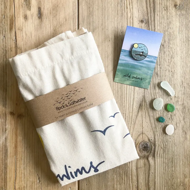 Wild Swim Enamel Pin & Screen-Printed Tote Bag Bundle 1